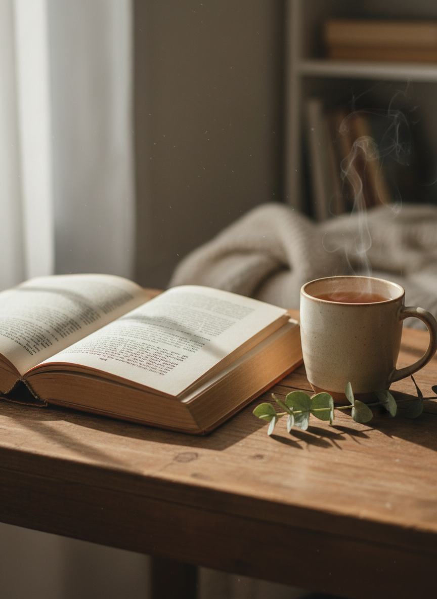 Aufgeschlagenes Buch mit Tee und grünen Blättern auf Holztisch
