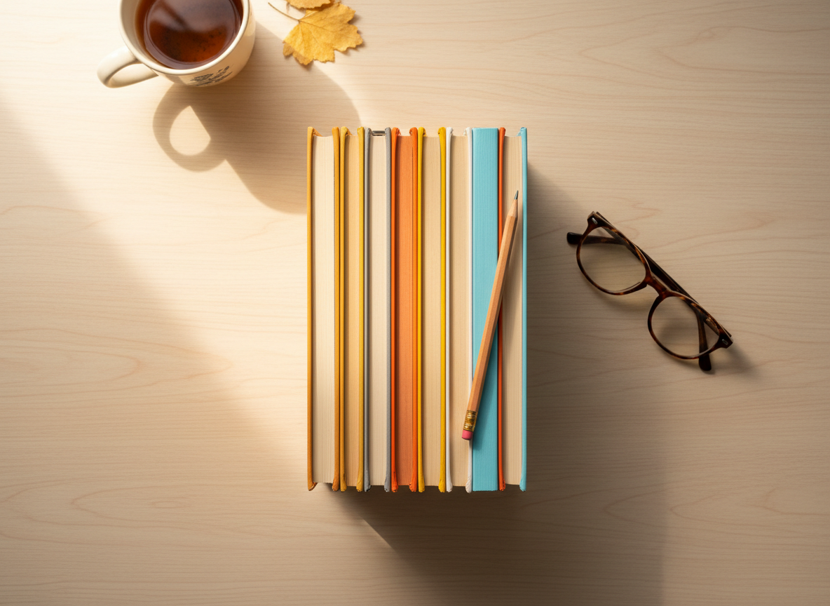 Heller Bücherstapel mit Bleistift und Lesebrille auf hellem Holztisch