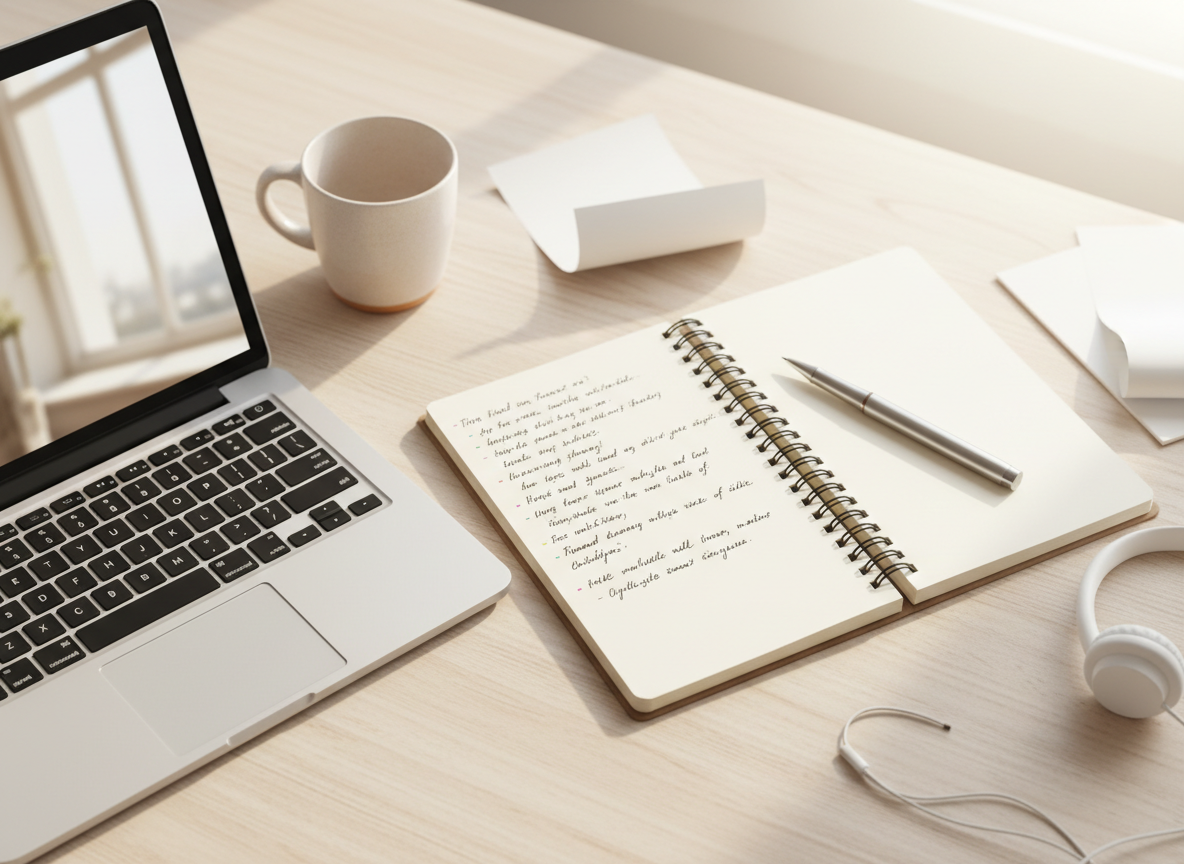 Laptop und aufgeschlagenes Notizbuch mit Stift auf hellem Schreibtisch