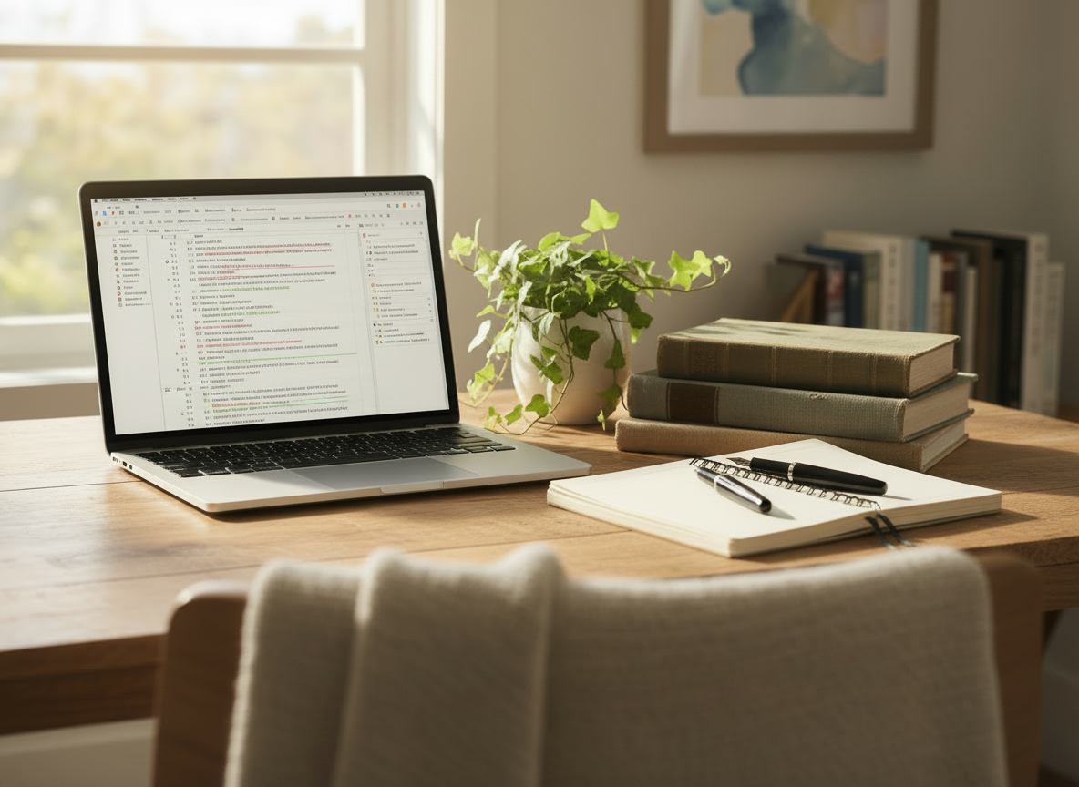 A close-up view of a bright, cozy home office desk. Center focus: a laptop screen clearly showing a Word document in "Track Changes" mode — the document has several colored inline corrections (red strikethroughs and green insertions), and 2-3 comment bubbles in the right margin with short German editorial notes. Beside the laptop: a few books, an open notebook with a pen, and a small green potted plant (succulent or trailing ivy). Soft warm natural light from a nearby window. No face visible. No food, no cups, no tea. Light, airy, warm atmosphere. Photo-realistic style.