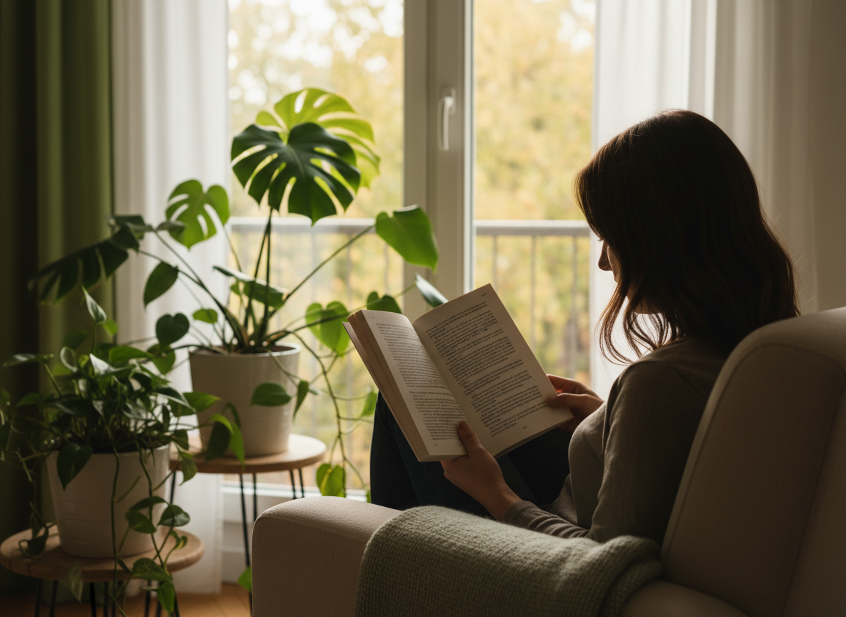 A warm, photo-realistic image of a woman sitting comfortably by a bright window with soft natural daylight streaming in. She is reading a book, her face turned downward toward the pages — no face clearly visible. The book is open and the text is clearly visible on the pages, looking like a real Sachbuch or Ratgeber with flowing German prose. Lush green indoor plants are nearby. The atmosphere is calm, bright, airy and personal. Soft green and cream tones dominate. No hot drinks, no food. Light, natural, inviting mood.
